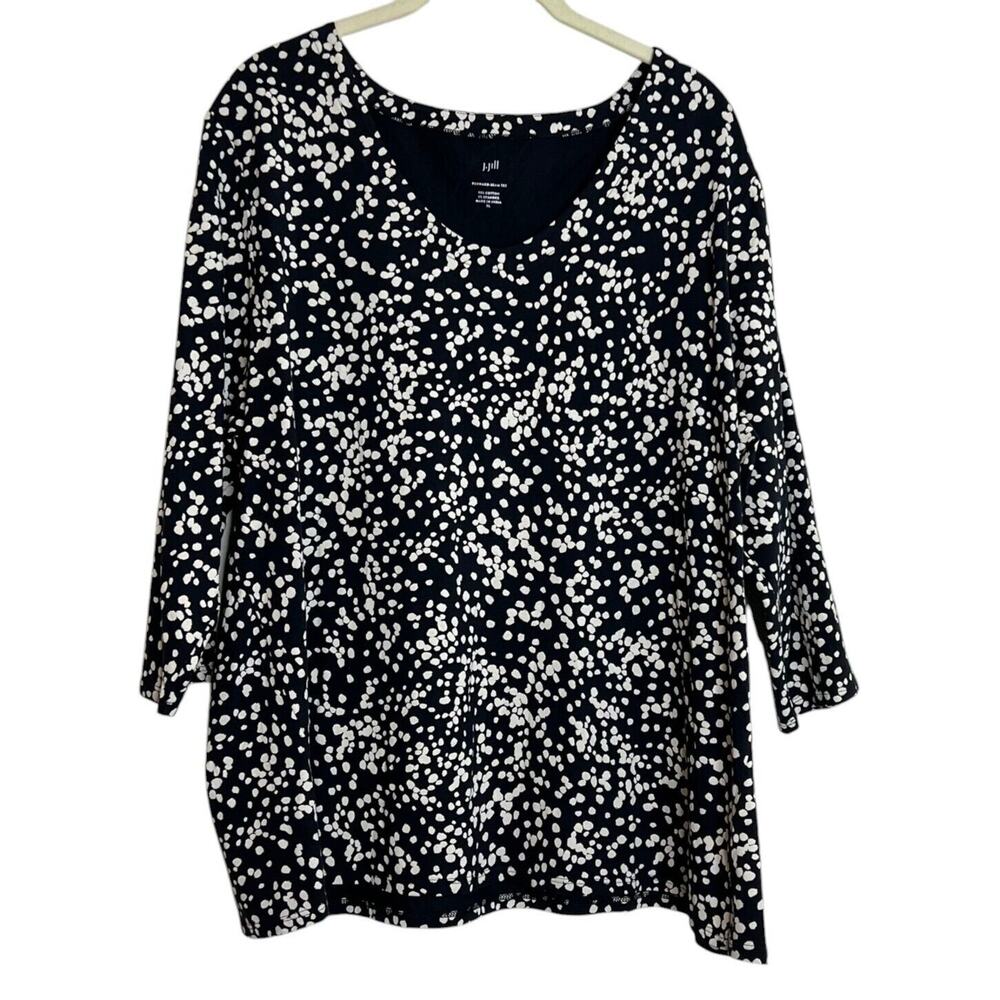 J Jill Womens Forward Seam Tee Size XL Navy Blue White Dots Knit Top